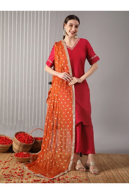 Women Pink Embroidered Straight Kurta with Pant and Dupatta Set