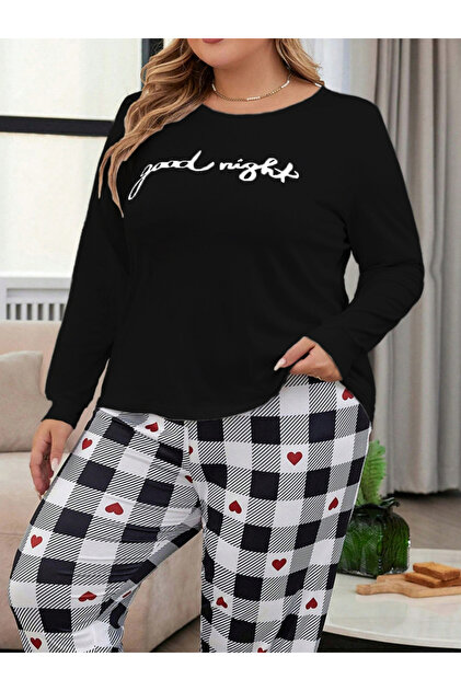 Plus Size Slogan Printed Top and Checked Pyjama Set