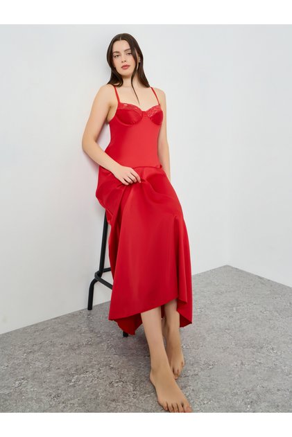 Women Red Satin Slip Dress with Lace Detail