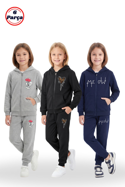 3-Piece Zippered Printed Detailed 6-Piece Girls' Tracksuit Set with Kangaroo Pockets
