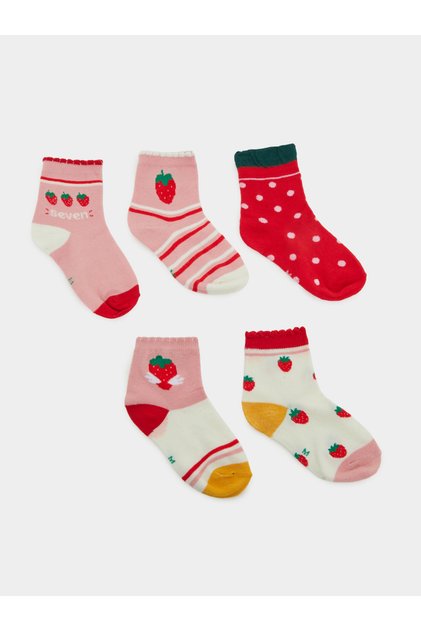 Pack of 5 - Girls Strawberry Print Cotton Socks