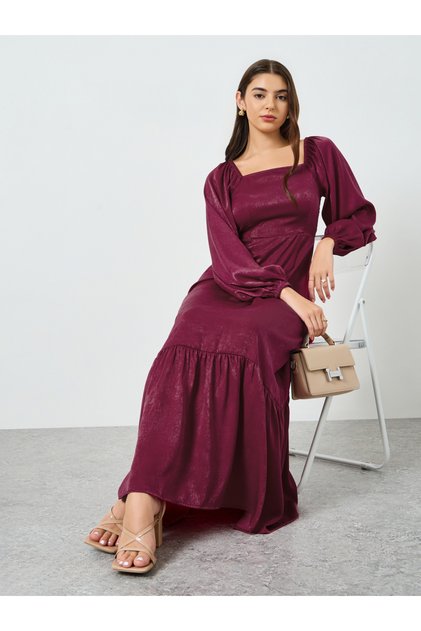Women Burgundy Velvet Satin A-Line Maxi Dress