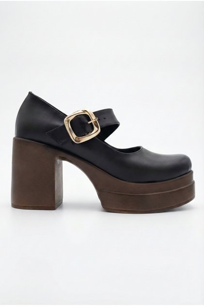 Women's High Heeled Stylish Buckle Elastic Band Blunt Toe Bitter Brown Ballerina Loafer Shoes