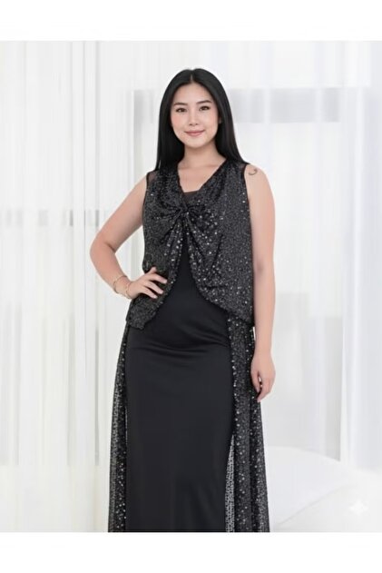 FULLJOY Women's long evening dress, stretch jersey fabric with sequined  lace from shoulder to hem  Black- Trendyol