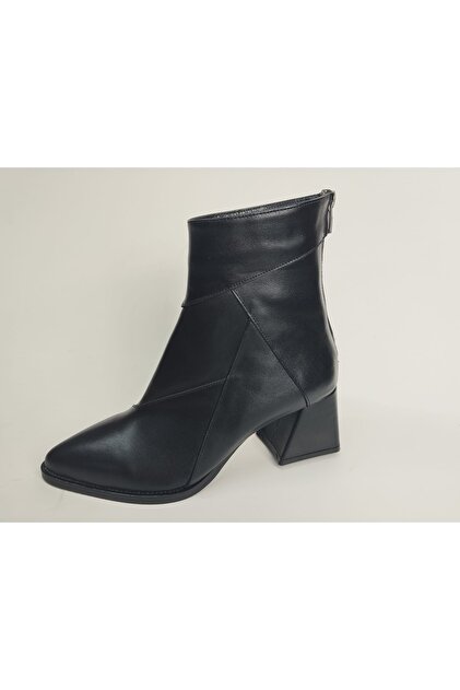 Women's Genuine Leather Black Leather Heeled Boots with Back Zipper