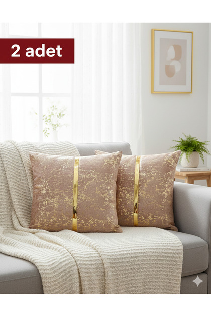 Lüks 2'li Kadife Kırlent Kılıfı Seti - 40x40 cm Altın Şeritli Dekoratif Yastık Kılıf varaklı