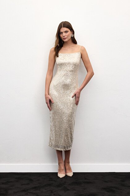Sateen Strappy Long Sequin Dress - Beige- Trendyol