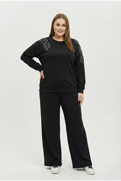 Women's Plus Size Long Sleeve Stone Embroidered Modal Tracksuit Set 8250-26