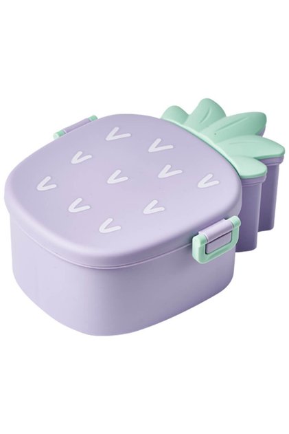 Cutie alimente, plastic mov, fără BPA, ananas, 3 compartimente, tacâmuri, pentru copii, 21x16x8 cm