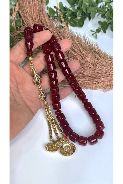 Red Powder Amber Prayer Beads, Tassel, Master Craftsmanship, Rhodium Plating
