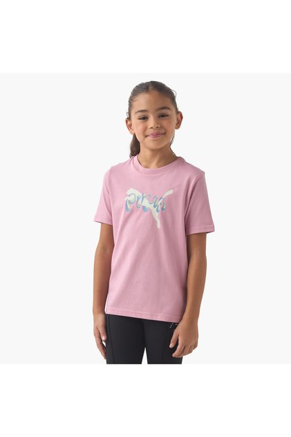 Girls Crew Neck T-shirt with Logo Print - Cotton - Short Sleeves