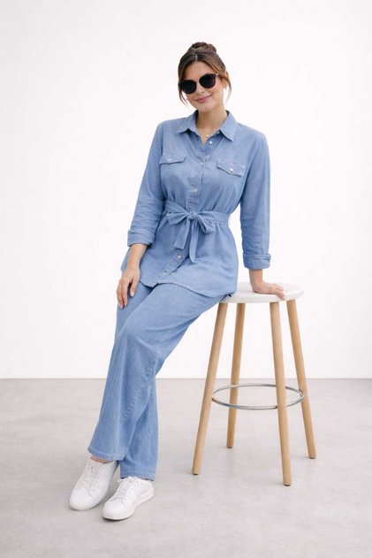 tencel denim set, belted shirt and pants set, top and bottom denim set