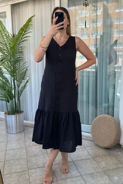Front Buttoned Athlete Collar Black Long Muslin Dress