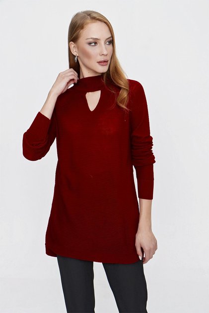 Women's Burgundy Knit Sweater with Front Window Design
