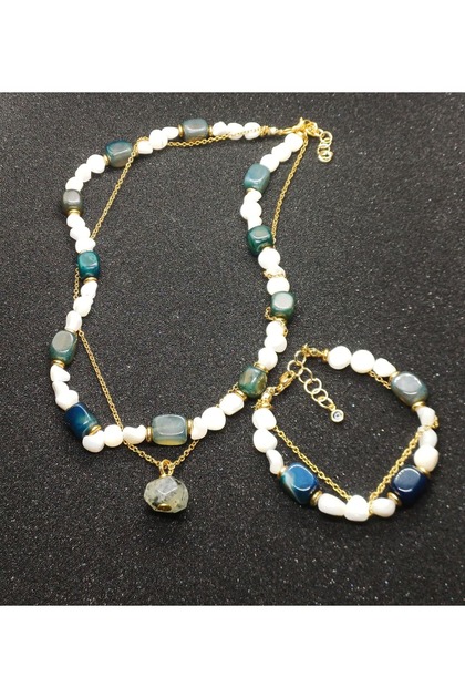 Blue Agate Natural Stone Steel Chain Design Handmade Necklace and Bracelet Set