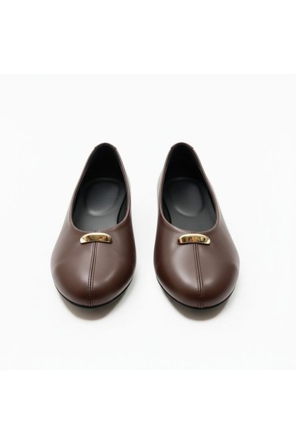 Brown Genuine Leather Women's Casual Ballerinas with Gold Accessory Detail