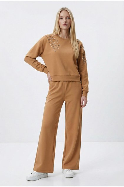 Women's Long Sleeve Shoulder Stone Detailed Wide Leg Tracksuit Set 4369-26