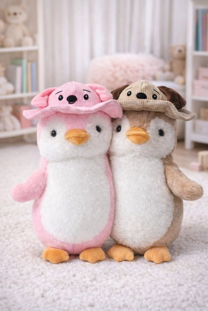 ŞAPKALI PENGUEN PELUŞ PEMBE-KAHVERENGİ İKİLİ 35 cm(ERKEK-KIZ)
