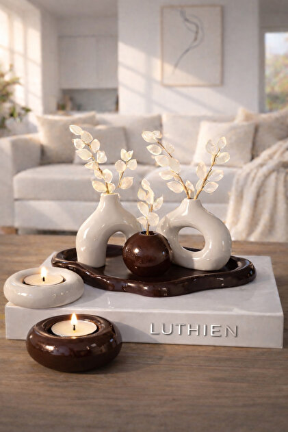 Luthien Minimal Dekoratif Vazo Seti KAHVERENGİ Tepsili 6 Parça
