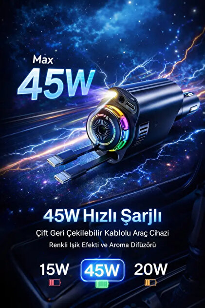 KAZEMTECH 45W Işıklı ve Koku Atma Özellikli Araç Şarj Cihazı Tavan