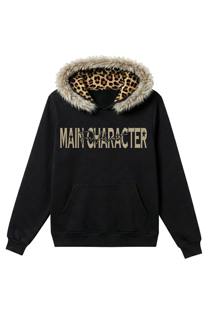 Unisex Main Character Printed Oversized Hooded Sweatshirt with Leopard Fur Detail