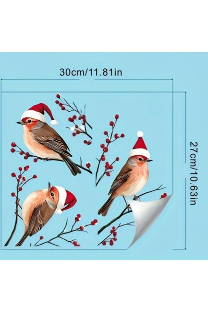 UVN931 1PC Three Birds in Santa Hats Window Stickers Christmas Theme Red Berry Branches Decorative W