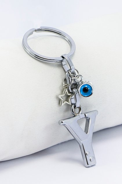 Silver Colored Star Evil Eye Beaded Metal Letter Y Keychain / Letter Bag Ornament