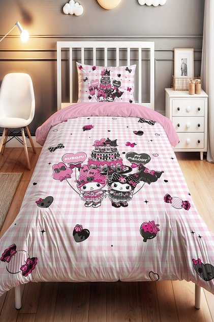 Kuromi and Melody Patterned Single Baby Kids' Duvet Cover Set with Balloons