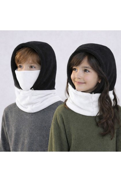 (12-17 Years Old) 1 Piece Full Face Protected Black and White Fleece Winter Children/Teenagers Unisex Hat Beanie Ski Mask