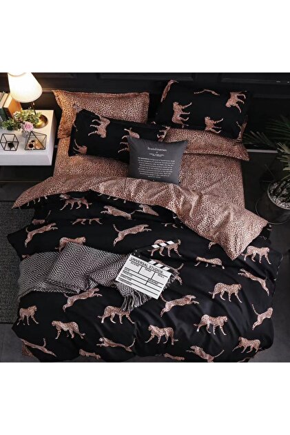 Lenjerie pat dublu cu Elastic, bumbac satinat, Negru, leopard