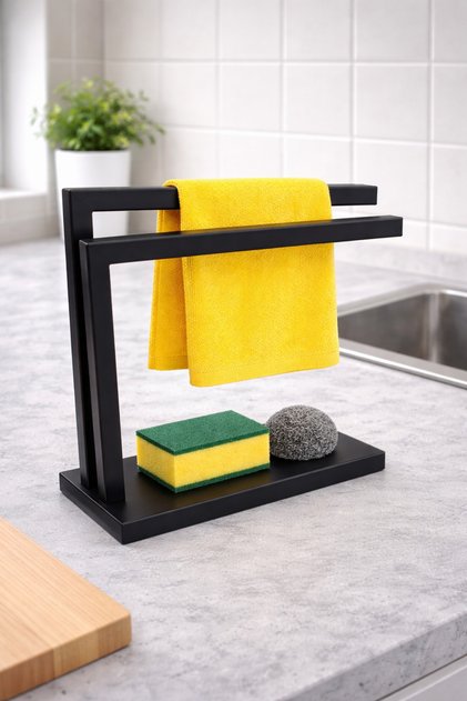 3D Tasarım Modern Tezgah Üstü Havluluk - Mutfak Kurulama Bezi ve Banyo El Havlusu Askısı - Siyah