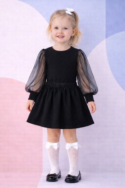 Girl's Black Tulle Sleeves and Black Elastic Skirt Set with White Fishnet Socks Set