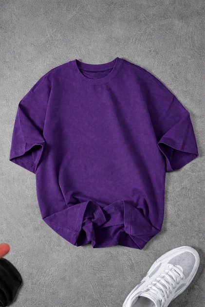 Unisex Erkek/Kadın Düz Baskısız Oversize Bisiklet Yaka Penye T-Shirt