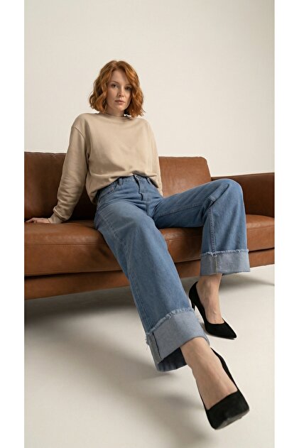 Kadın %100 Pamuk Makasla Ayarlanabilir Boy Wide Leg Baggy Jeans