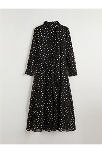 polka dot belted a line dress LC Waikiki Black Mock Neck Polka Dot Belted A-Line Dress- Trendyol