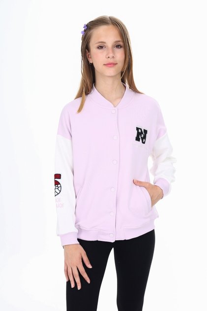 Girl's Blue College Collar Snap Closure Off-Shoulder Embroidery Printed Color Block Knitted Cardigan - 2