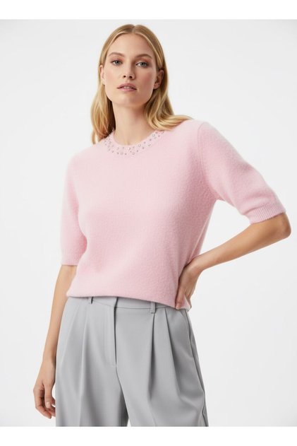 Women's Crew Neck Short Sleeve Knit Sweater with Accessories