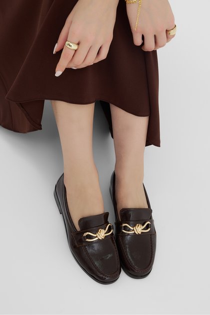 Women's Brown Women's Classic Loafer with Buckle Detail, Ballerinas, Casual Ballerinas