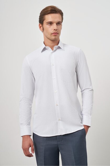 White Long Sleeve Self-Dobby Pocketed Cotton Classic Comfort Fit Shirt 1004245155