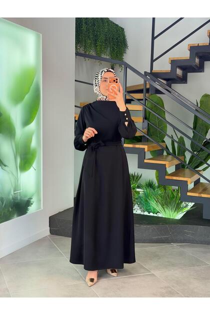 AMERI ASKEW SLIT KNIT ブラック Armine Trend Seyyar Kemerli Krep Elbise 26YT904 Siyah - Fiyatı