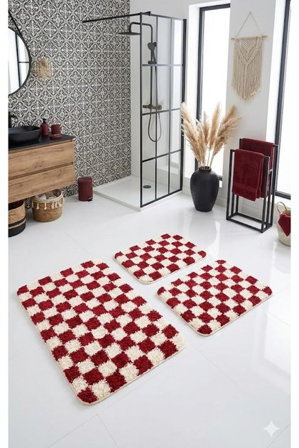 Chess Dama 3'Lü Bath Mat Bone-Red 80X50 50X40 50X40 cm Washable Latex Non-Slip Base