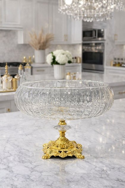 24 cm Cut Decor Gold Footed Salad Bowl Glass Presentation Bowl - Serving Plate