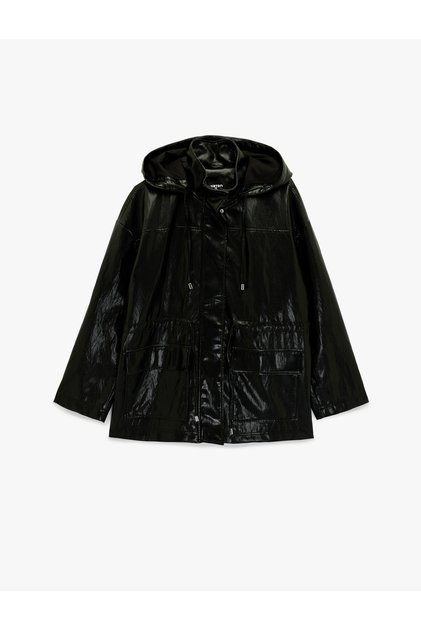 Hooded Viscose Blended Faux Leather Raincoat with Zipper Pocket Detail