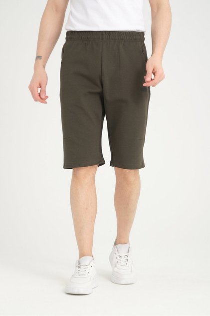 Khaki Men's Shorts with Minimal Print Detail, Hidden Zipper Pocket, Regular Fit
