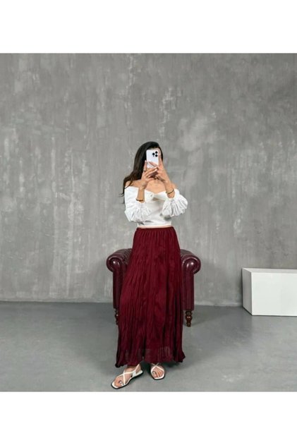 Women's Burgundy Long Pleated Chiffon Skirt with Elastic Waist