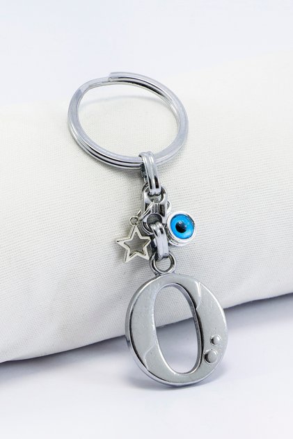 Silver Colored Star Evil Eye Beaded Metal Letter O Keychain / Letter Bag Ornament