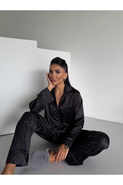 Snoppy Digitally Printed Black Silk Satin Pajama Set