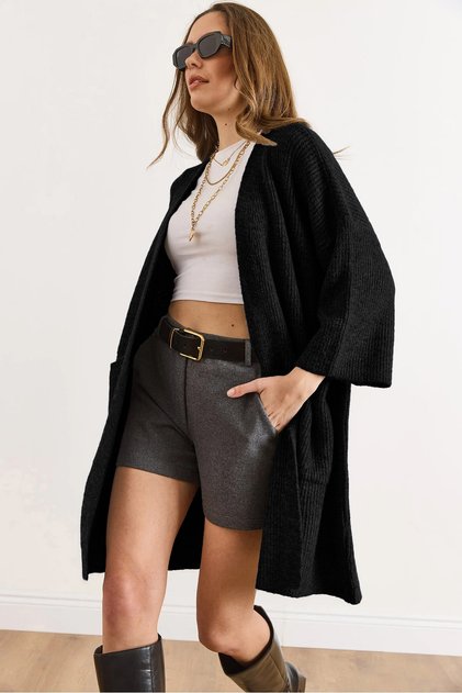 Women's Black Soft Textured Knitwear Cardigan with Pockets Hrk-19000424