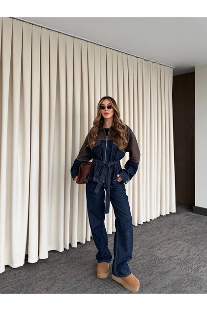 Navy Blue - Brown Tie-Dye Jacket Pants Denim Suit - 0836