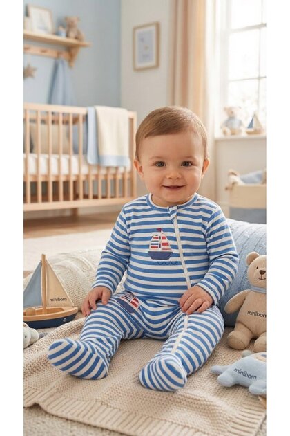 100% Cotton Sailor Patterned Baby Boy Jumpsuit